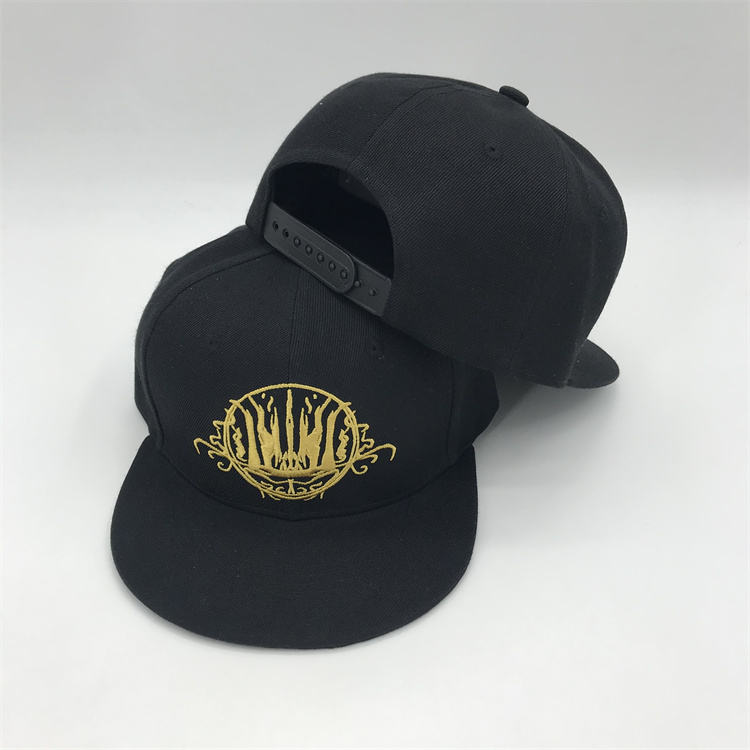 Black 6 Panel Gold Embroidered Logo Flat Brim Snapback Cap