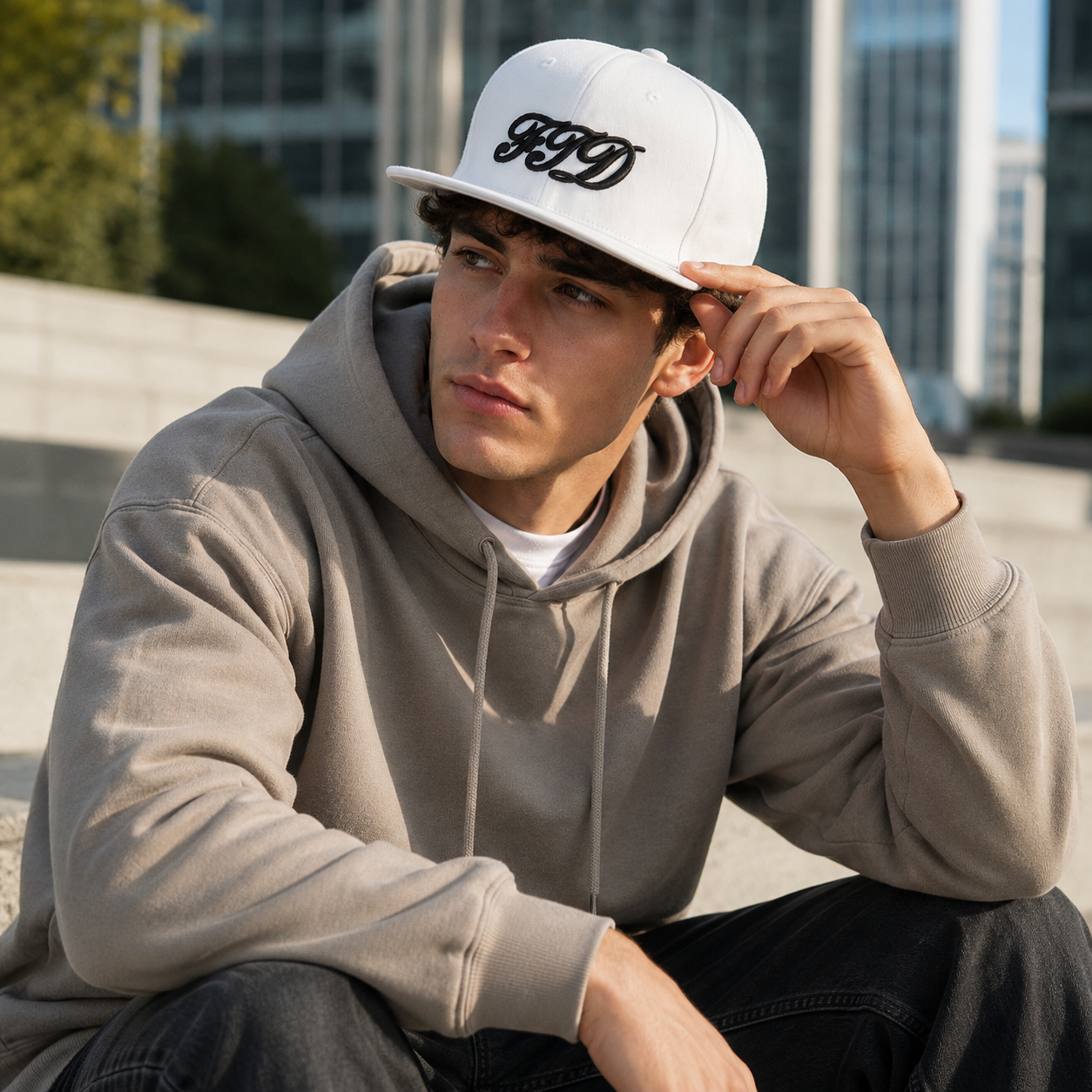 White Flat Brim Snapback Cap with Black Script Embroidered Logo