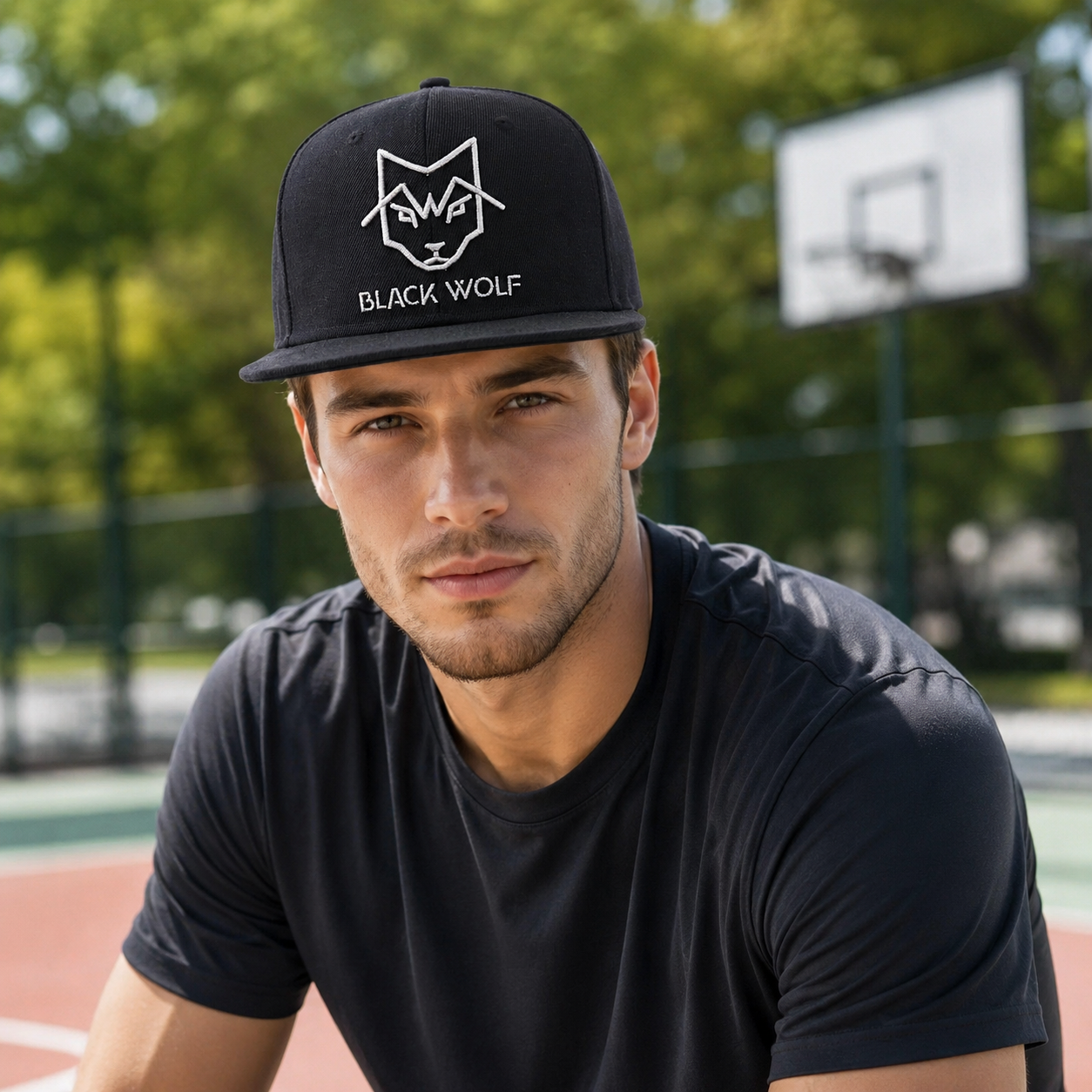 Black Wolf Embroidered Flat Brim Snapback Cap