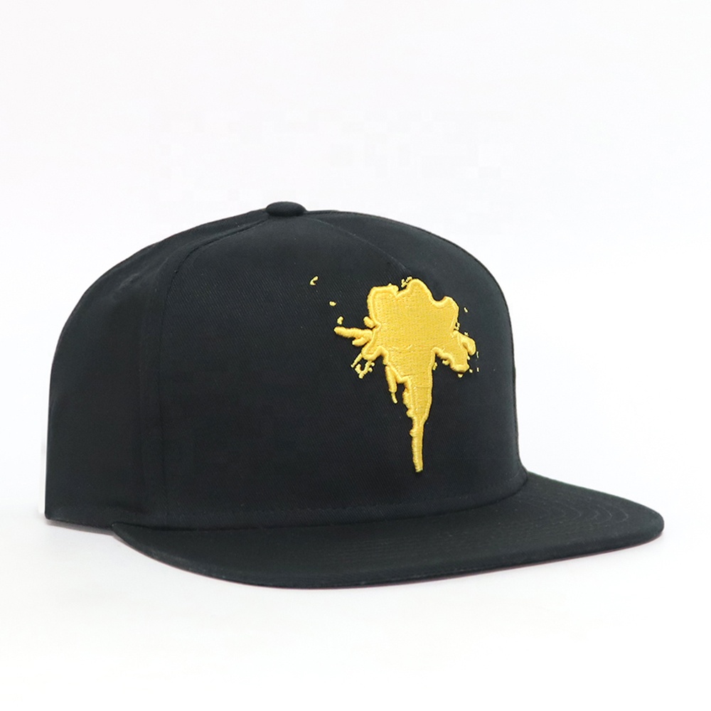Black Flat Brim Six-Panel Snapback Cap with Yellow 3D Embroidery