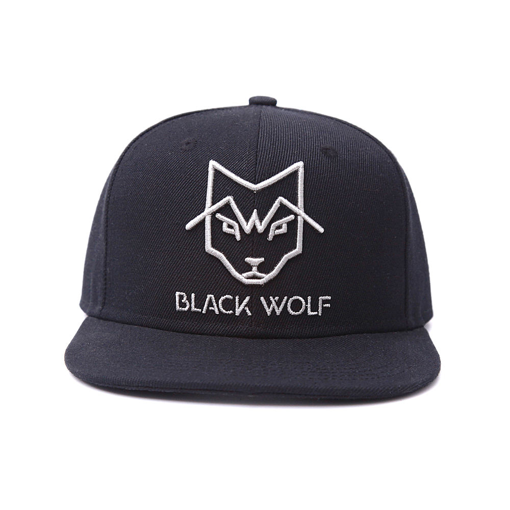 Black Wolf Embroidered Flat Brim Snapback Cap