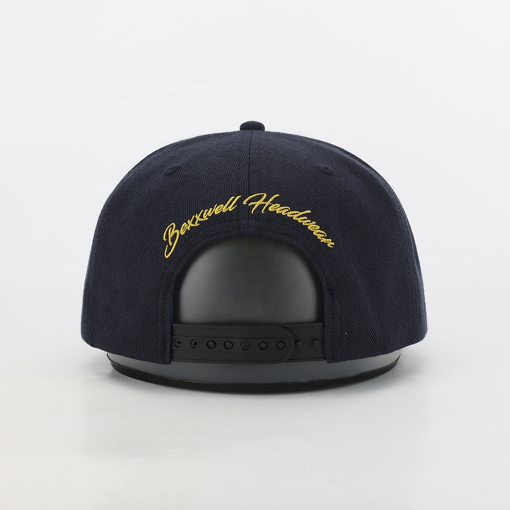Navy Blue Gold Embroidered Crest Snapback Cap – Streetwear Flat Brim Hat