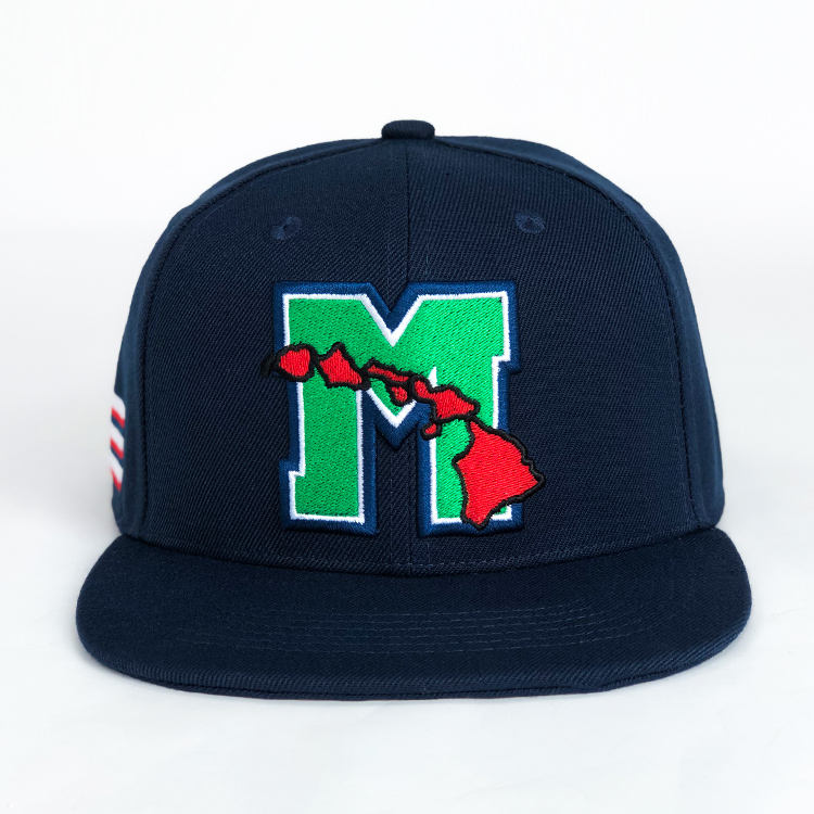 Navy Flat Brim Snapback Cap with Island Letter Embroidery