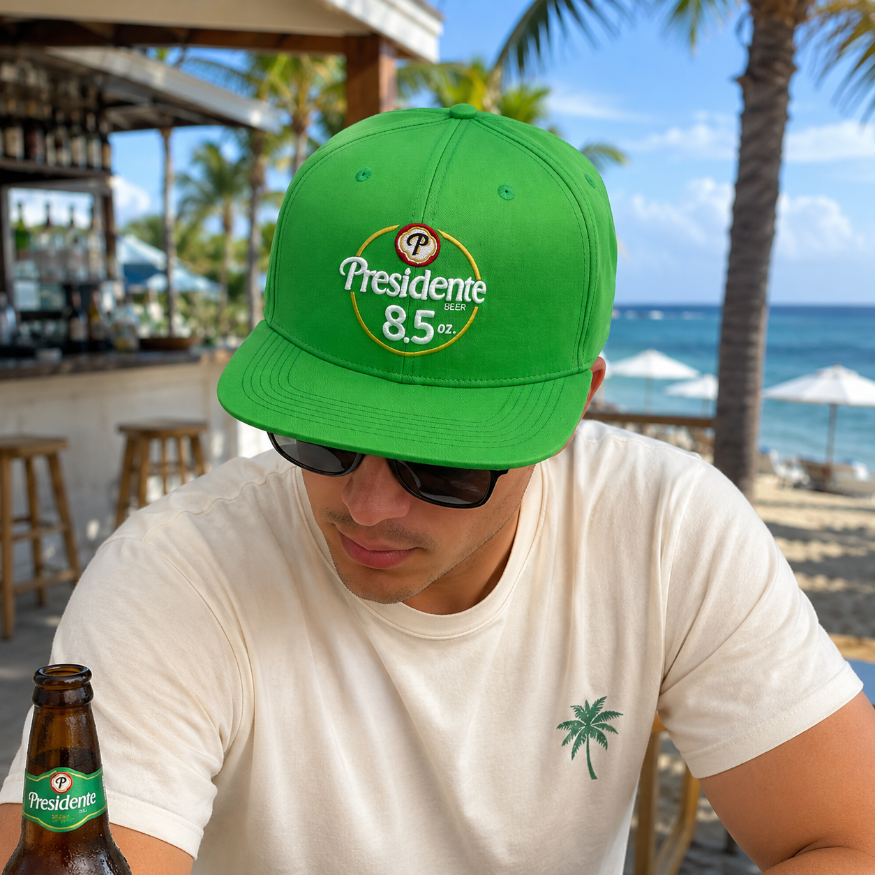 Bright Green Presidente Embroidered 6-Panel Flat Brim Snapback Hat