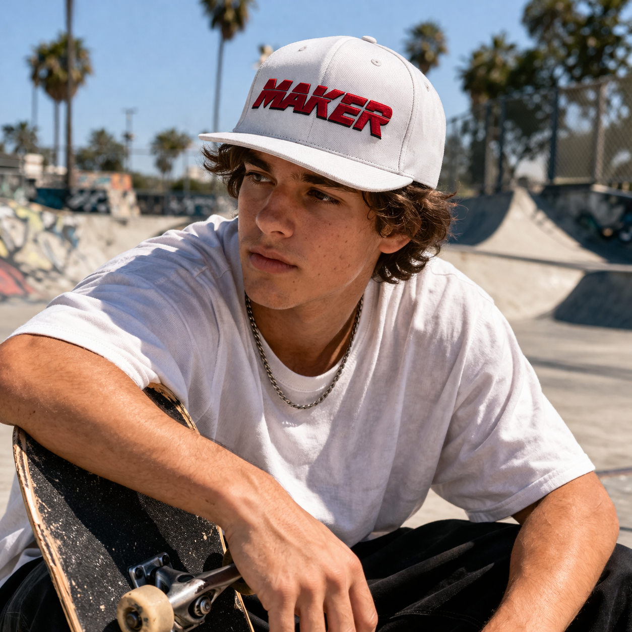 White Flat Brim Snapback Cap with Bold Embroidered Logo