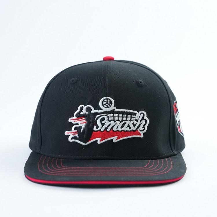 Black and Red Embroidered Flat Brim Snapback Cap