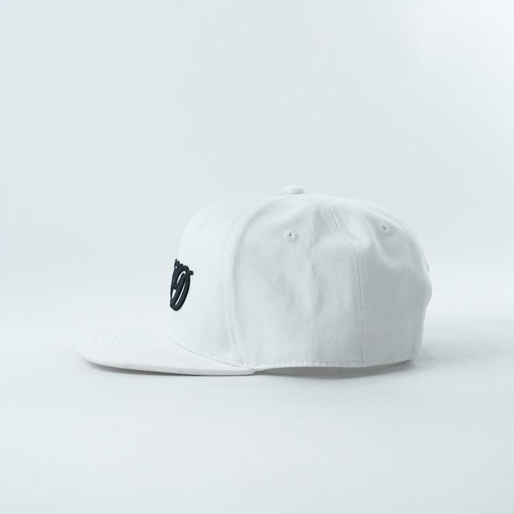 White Flat Brim Snapback Cap with Black Script Embroidered Logo