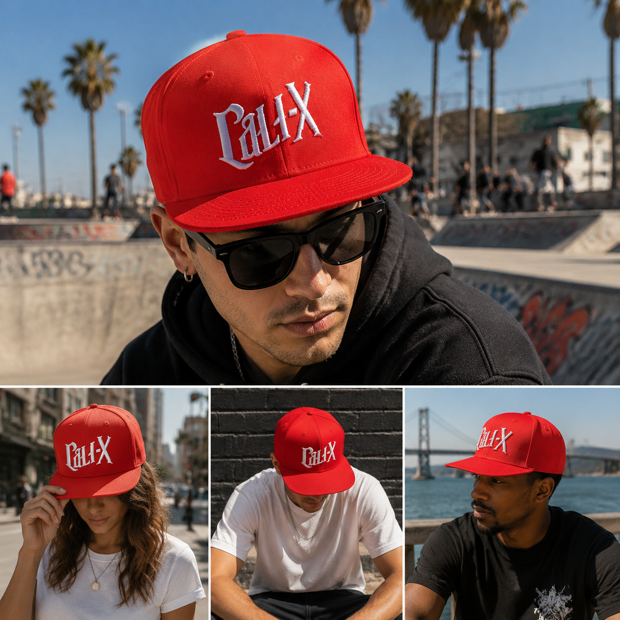 Red 6 Panel Embroidered Flat Brim Snapback Cap