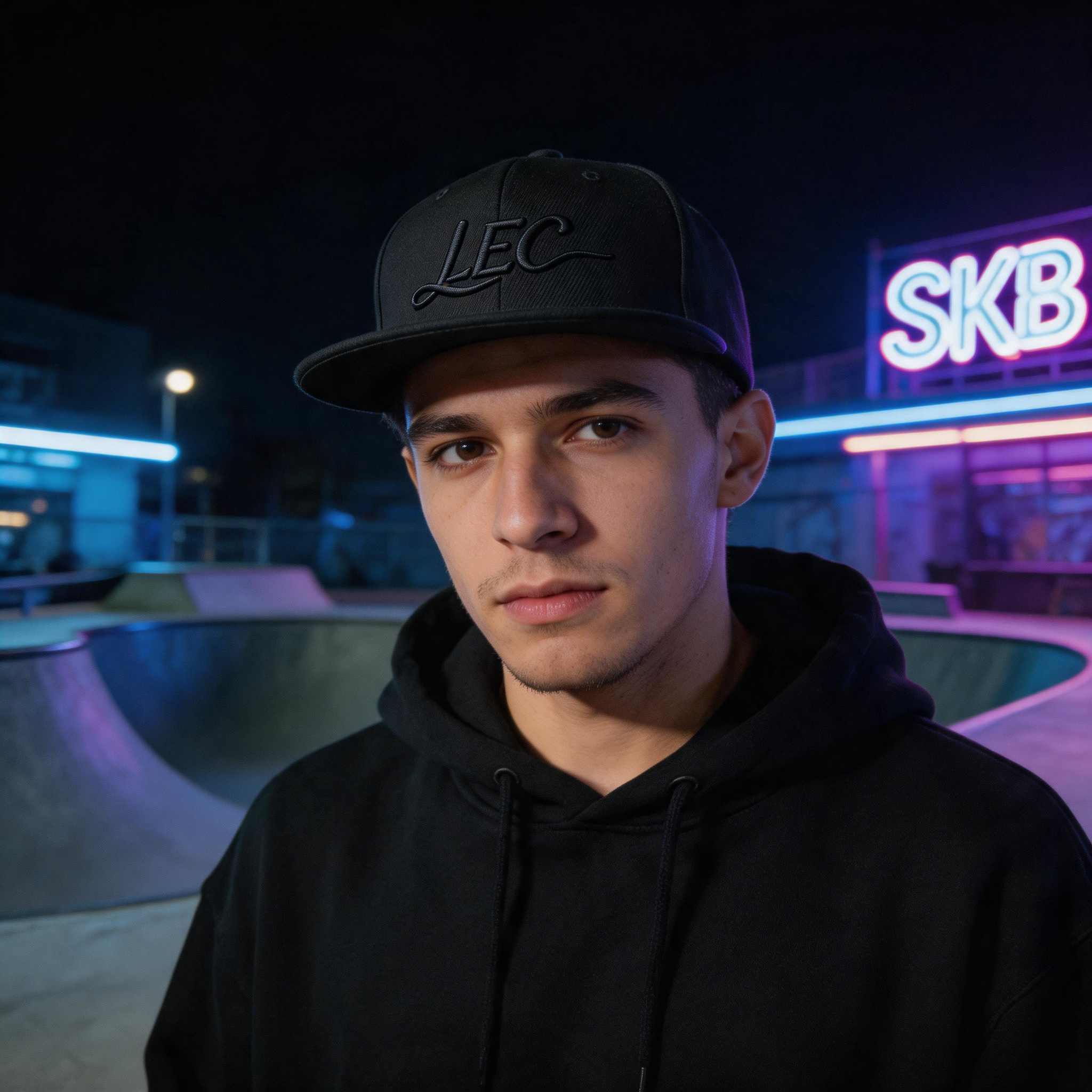 Black Flat Brim Snapback Cap with Tonal Embroidered Logo Structured Baseball Hat