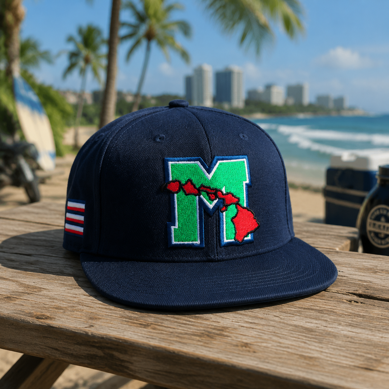 Navy Flat Brim Snapback Cap with Island Letter Embroidery
