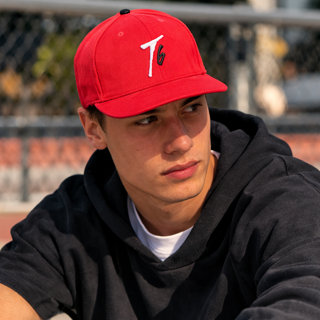 Red 6 Panel Snapback Cap with Minimal T6 Embroidered Logo