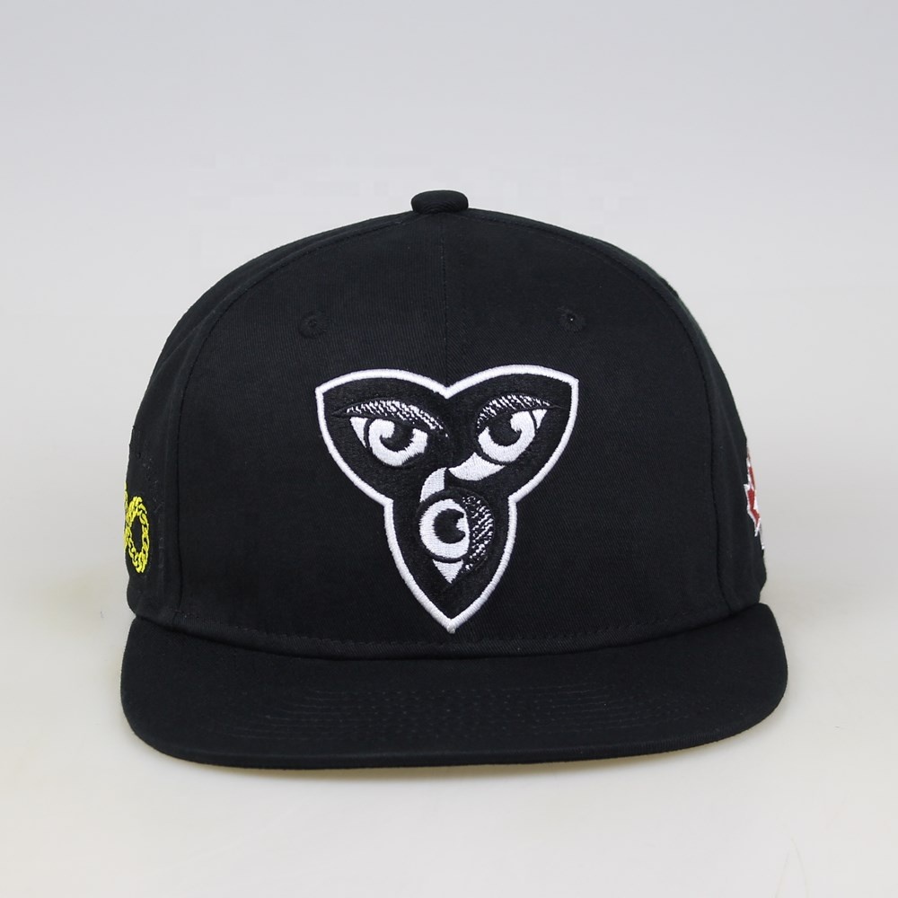 Black Flat Brim Snapback Cap with Abstract Eye Embroidery Logo