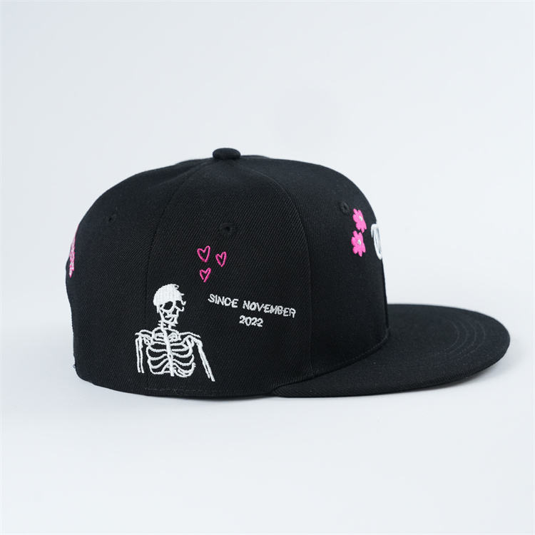 Black Floral Gothic Embroidered Flat Brim Snapback Cap