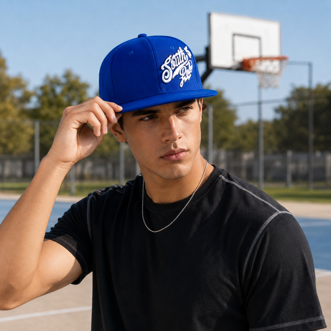 Royal Blue Flat Brim Script Embroidered Snapback Cap