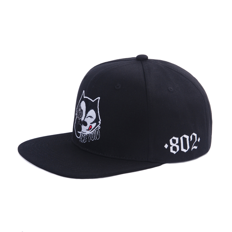 Black Six-Panel Flat Brim Snapback Cap with Front Character Embroidery and Side Number Detail