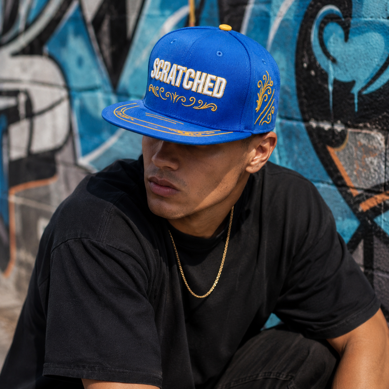 Scratched Blue Embroidered Flat Brim Snapback Hat