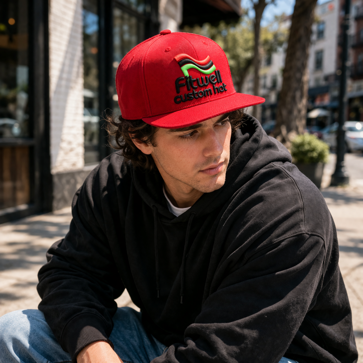 Red Embroidered Logo Flat Brim Snapback Cap with Adjustable Closure