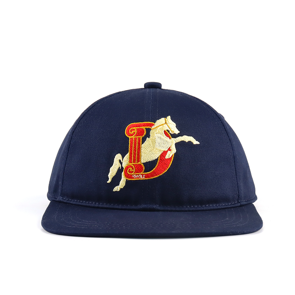 Navy Horse Emblem Embroidered Flat Brim Snapback Cap