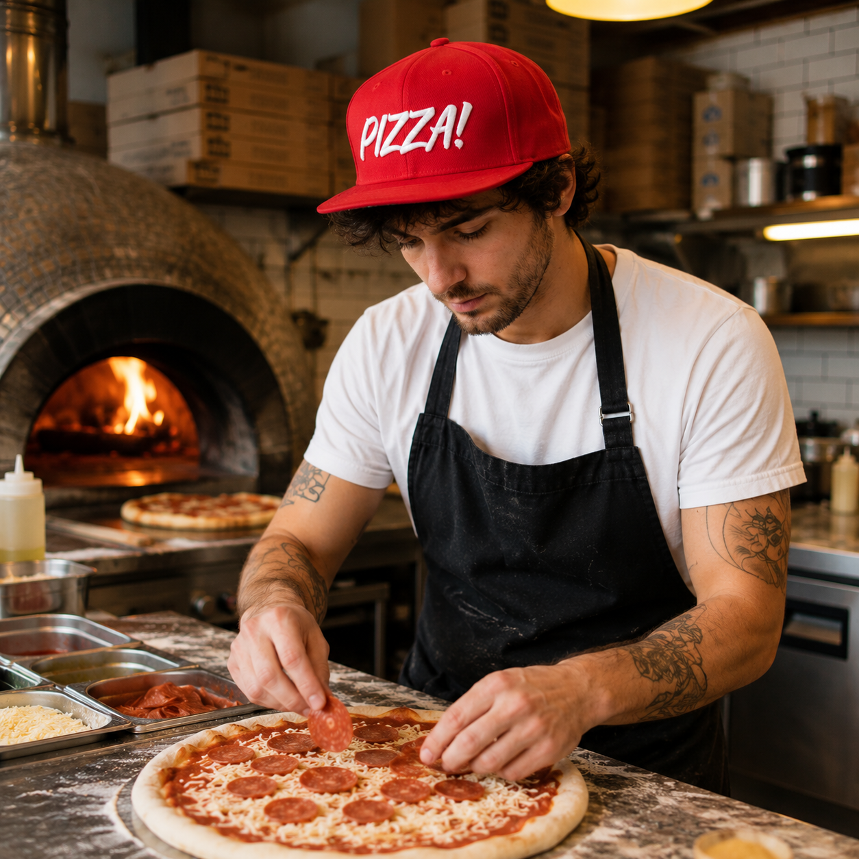 Red Pizza Embroidered Flat Brim Snapback Cap