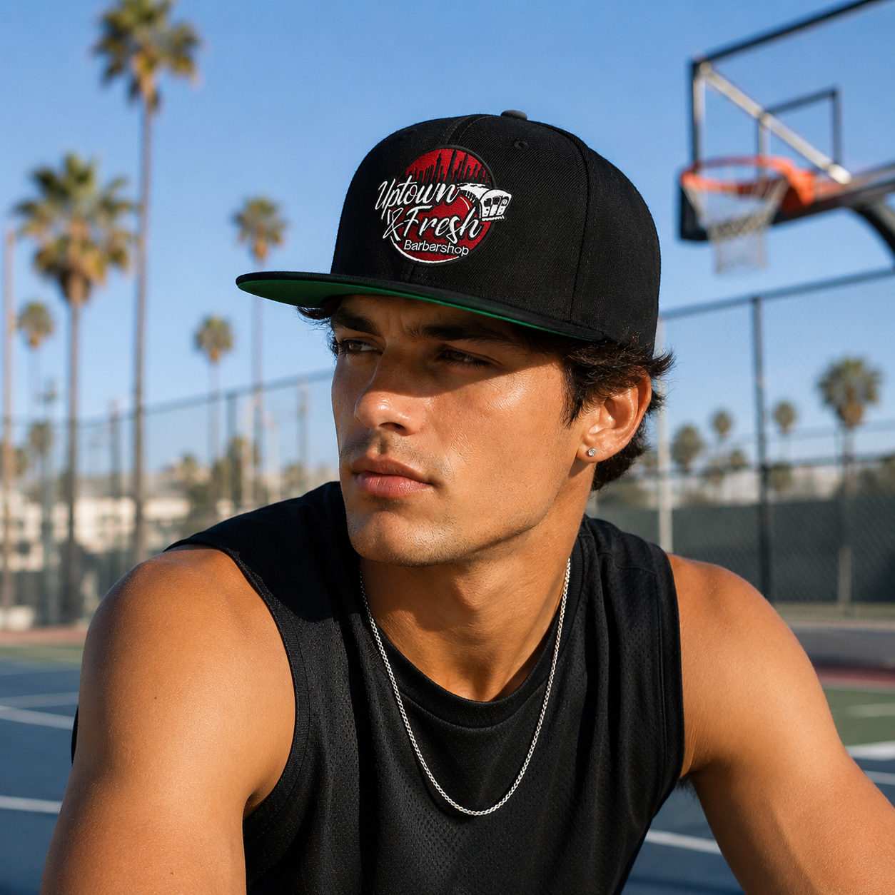 Uptown Fresh Embroidered 6 Panel Snapback Cap with Flat Brim