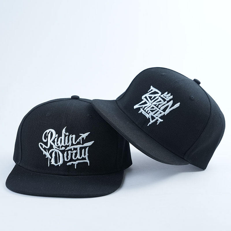 Black 6-Panel Flat Brim Snapback with 3D Embroidery