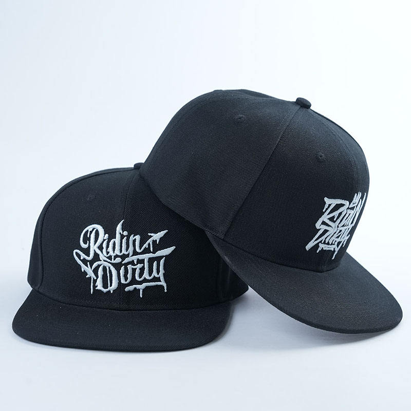 Black 6-Panel Flat Brim Snapback with 3D Embroidery