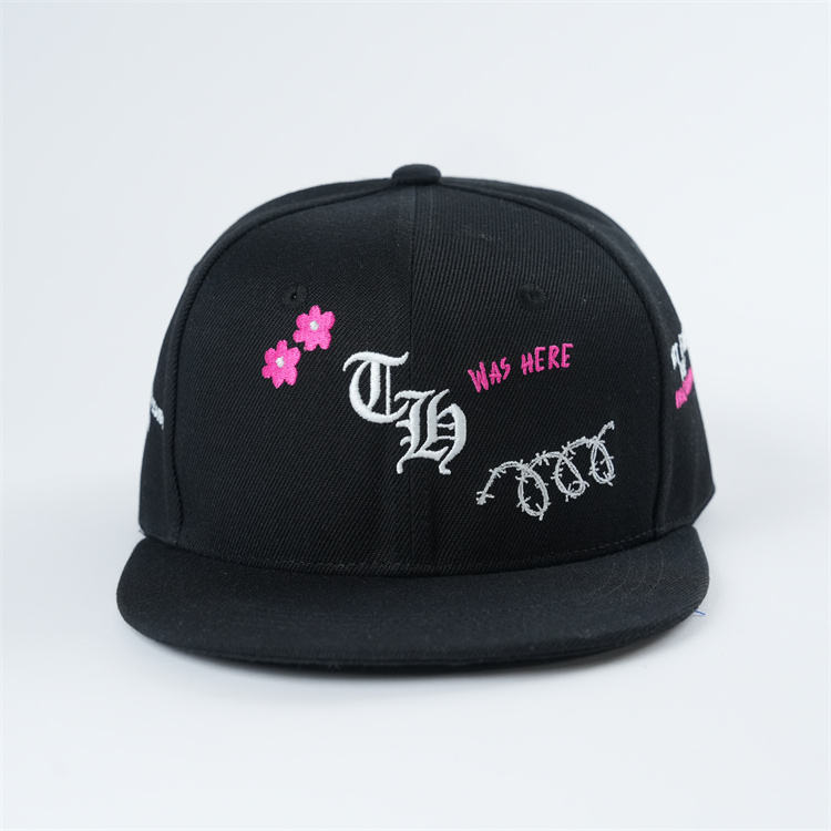 Black Floral Gothic Embroidered Flat Brim Snapback Cap