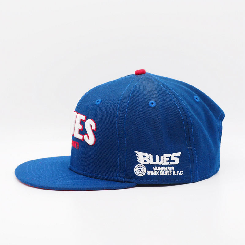 Blue 6-Panel Flat Brim Snapback Cap with Raised Embroidery