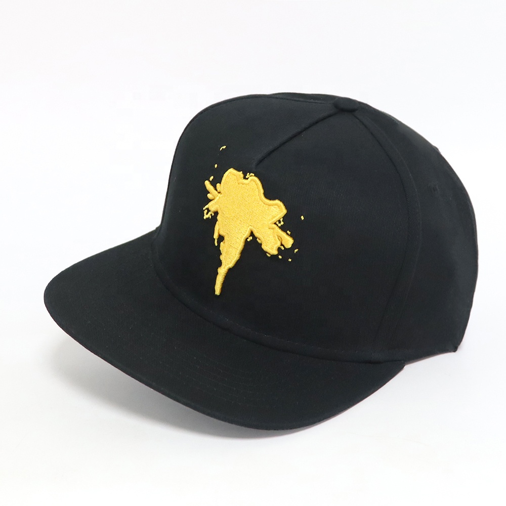 Black Flat Brim Six-Panel Snapback Cap with Yellow 3D Embroidery
