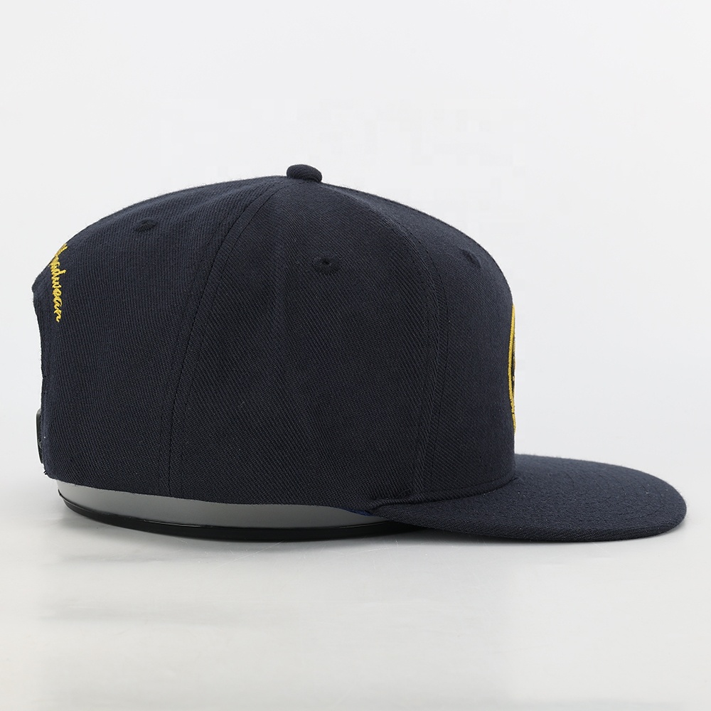 Navy Blue Gold Embroidered Crest Snapback Cap – Streetwear Flat Brim Hat