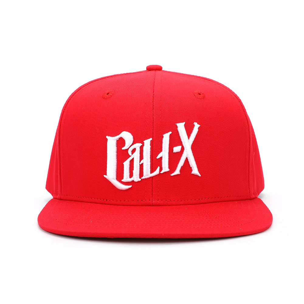 Red 6 Panel Embroidered Flat Brim Snapback Cap
