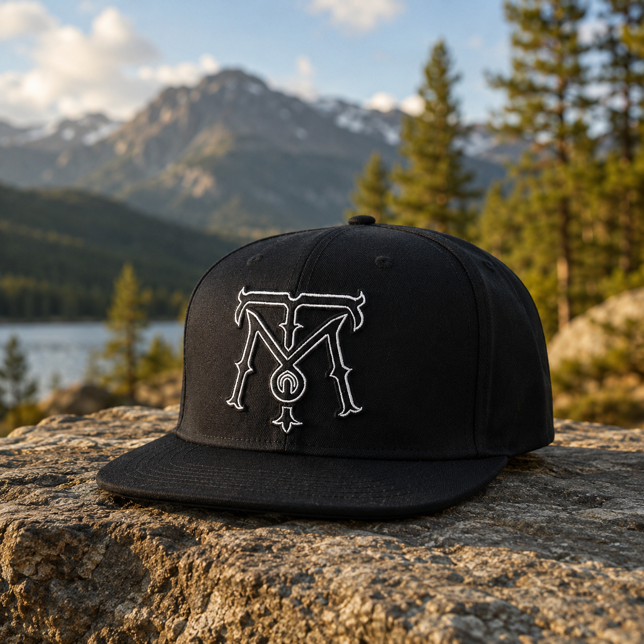 Black Six-Panel Flat Brim Snapback with White Outline Embroidery