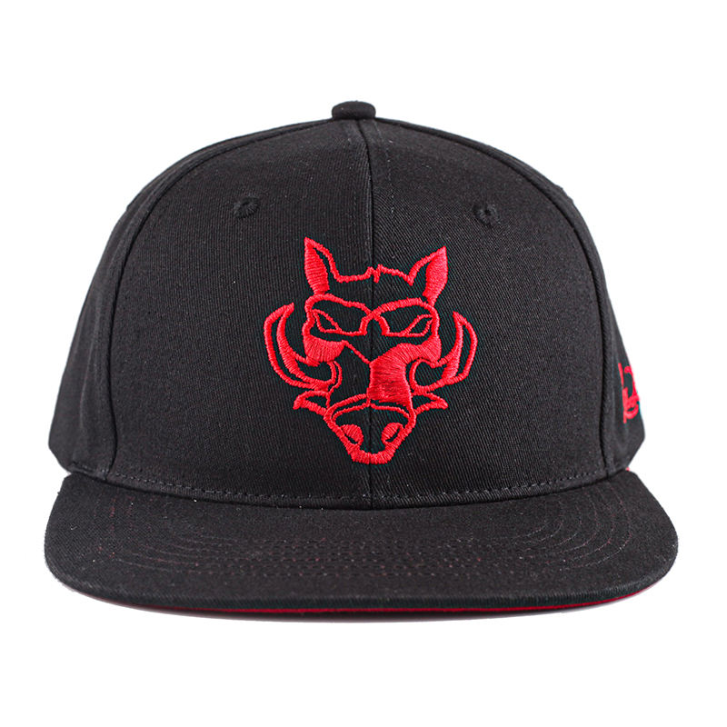 Black Six-Panel Flat Brim Snapback Cap with Red Graphic Embroidery