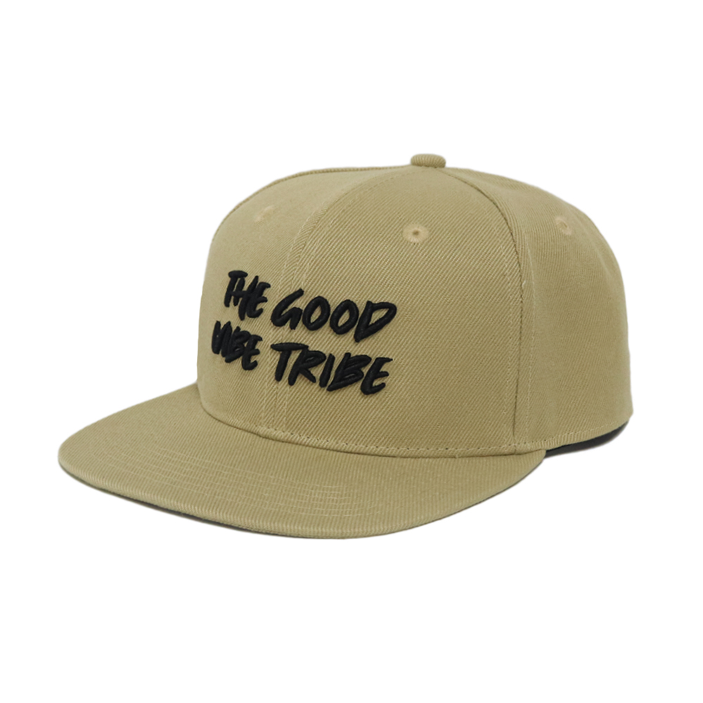 Khaki 6 Panel Snapback Cap with Embroidered Slogan