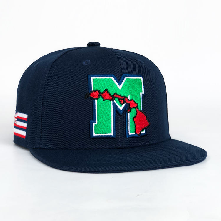 Navy Flat Brim Snapback Cap with Island Letter Embroidery