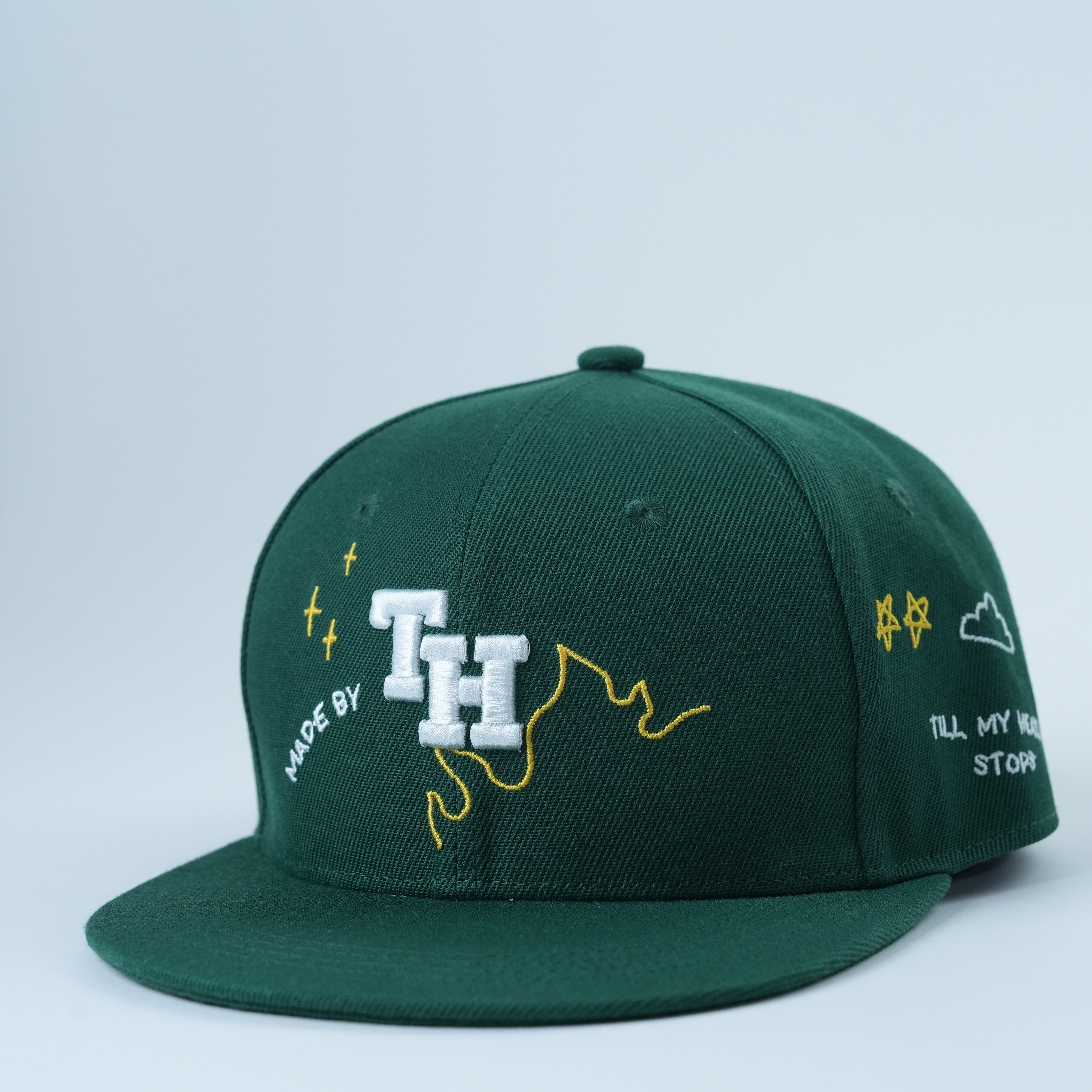Dark Green Flat Brim Snapback Cap with 3D Letter Embroidery