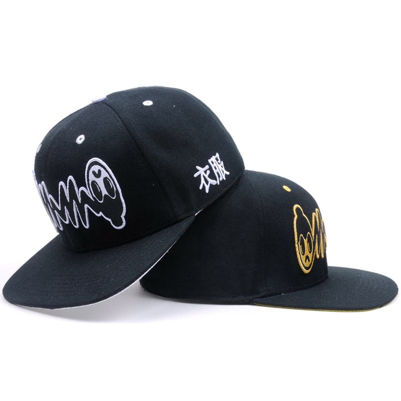 Black 6-Panel Snapback Cap with Graphic Embroidery
