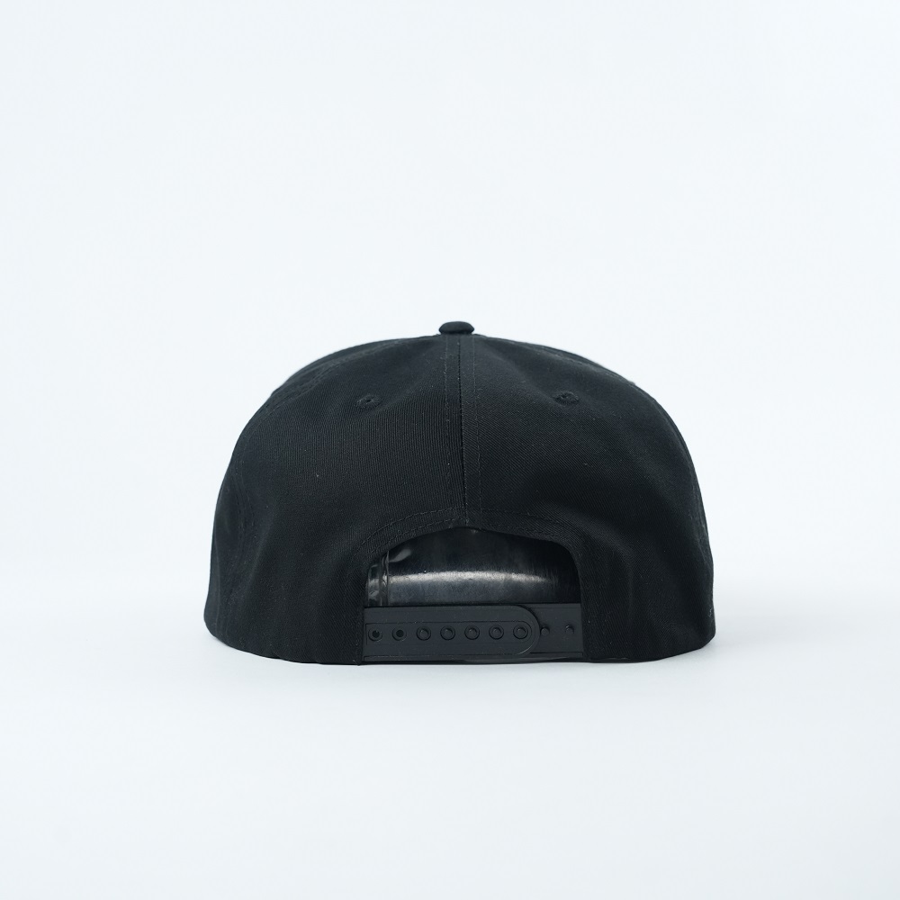 Black Six-Panel Flat Brim Snapback with White Outline Embroidery