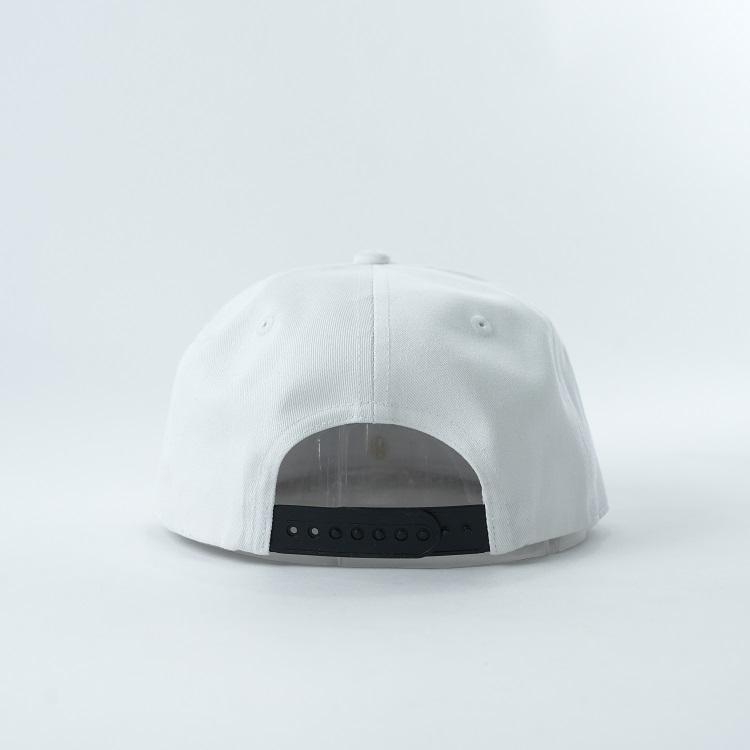 White Flat Brim Snapback Cap with Black Script Embroidered Logo