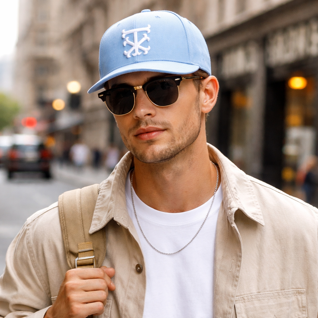 Light Blue Embroidered Logo Flat Brim Snapback Cap