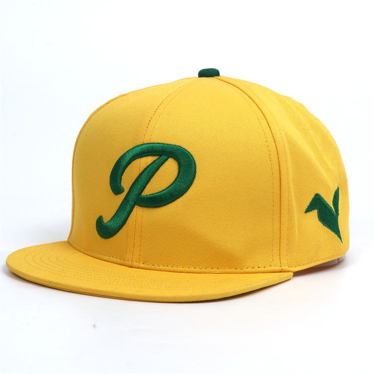 Yellow Flat Brim Snapback Cap with Green Raised Embroidered Logo and Streetwear Style Design