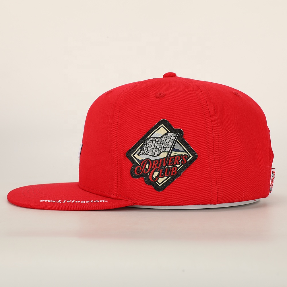 Red Flat Brim 6 Panel Embroidered Logo Snapback Cap