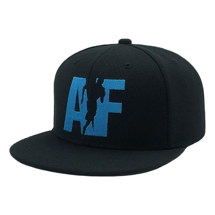 Black Flat Brim Snapback Cap with Blue 3D AF Embroidery