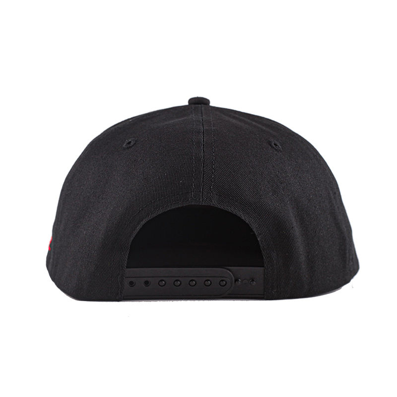 Black Six-Panel Flat Brim Snapback Cap with Red Graphic Embroidery