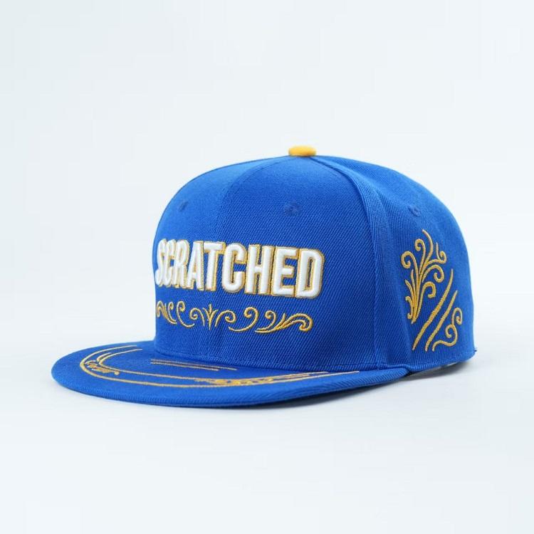 Scratched Blue Embroidered Flat Brim Snapback Hat