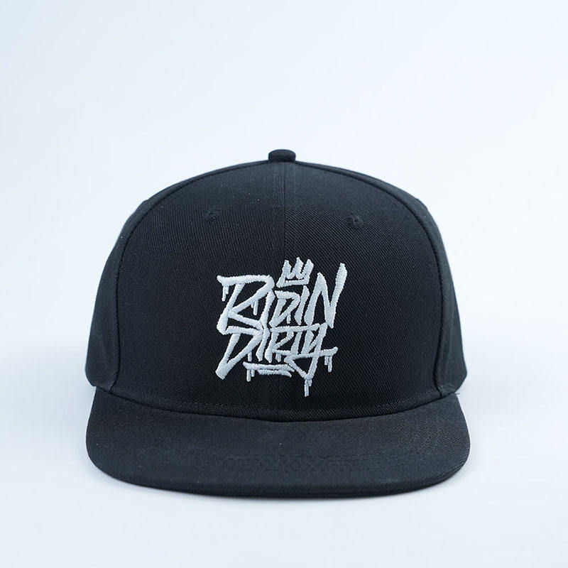 Black 6-Panel Flat Brim Snapback with 3D Embroidery