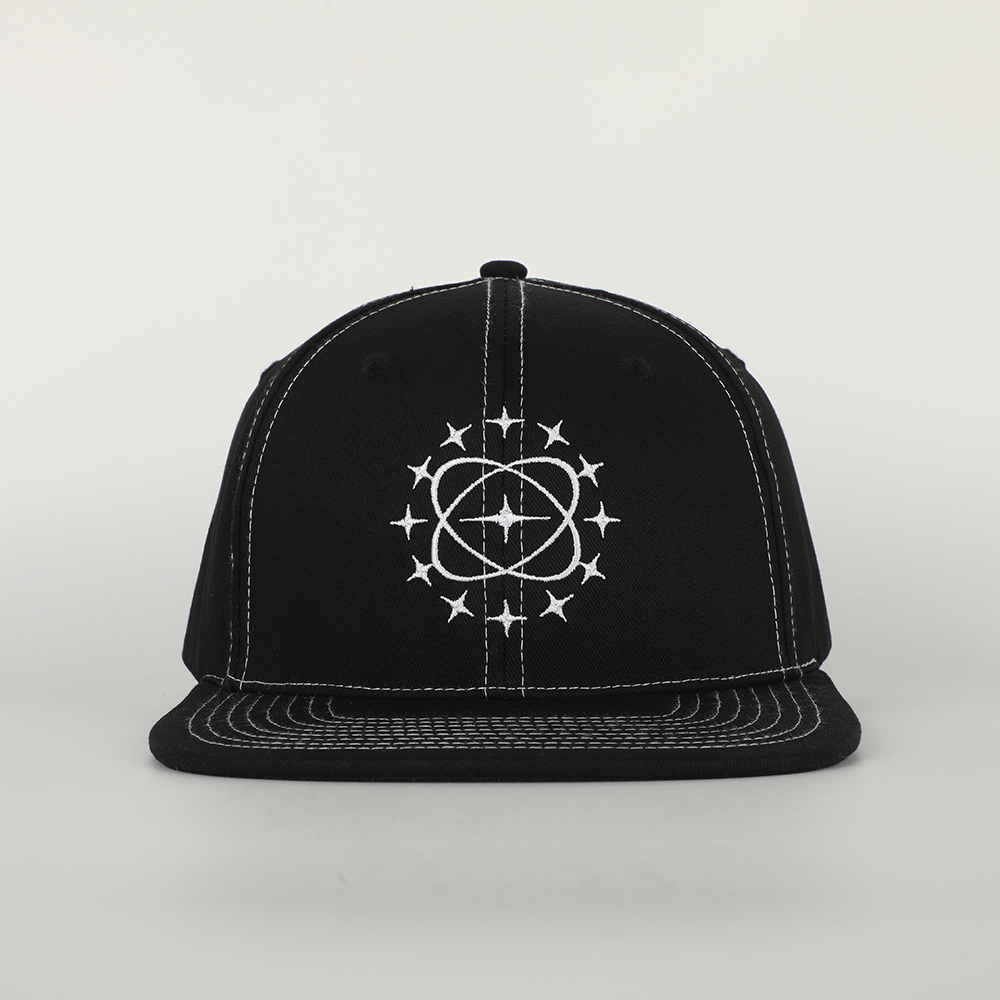 Black White Star Orbit Embroidered Flat Brim Snapback
