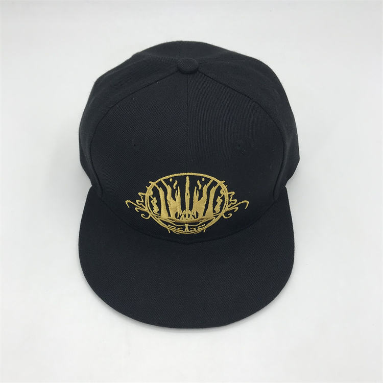 Black 6 Panel Gold Embroidered Logo Flat Brim Snapback Cap