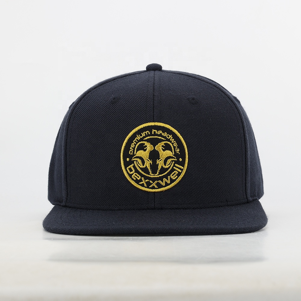 Navy Blue Gold Embroidered Crest Snapback Cap – Streetwear Flat Brim Hat