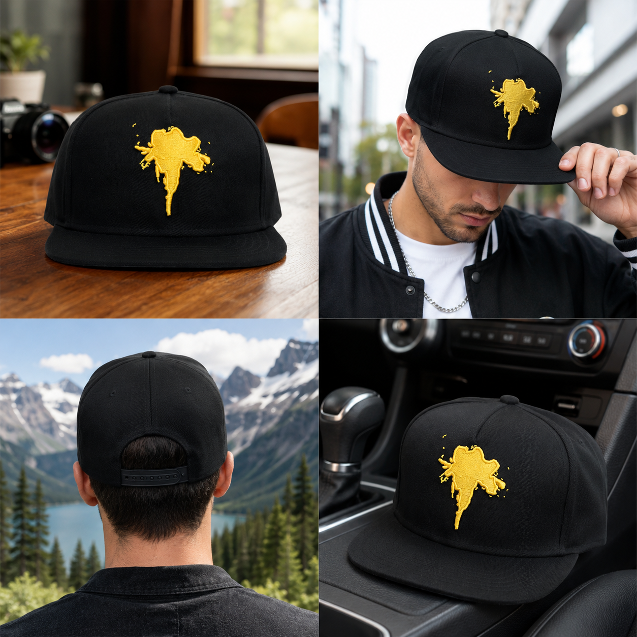 Black Flat Brim Six-Panel Snapback Cap with Yellow 3D Embroidery